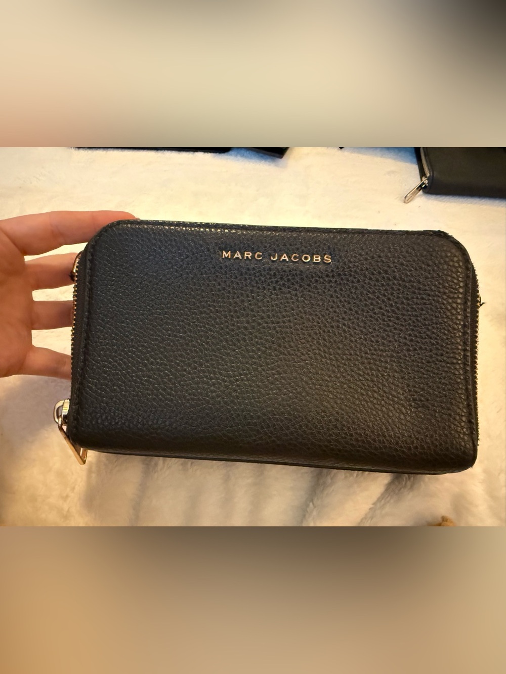 Marc Jacobs Black Pebbled Leather Zip-Around Bag with Gold Logo